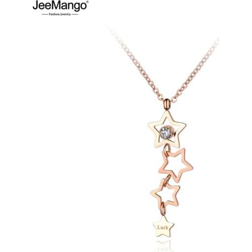 JeeMango Titanium Stainless Steel CZ Crystal Star Choker Necklaces Jewelry Trendy Luck Pendant Chain Necklace For Women JN19056