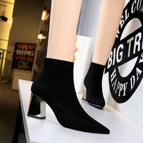 BIGTREE Women Flock Leather short Boots Fashion Handmade Classic Pointed toe Metal Heels thick high Women Booties