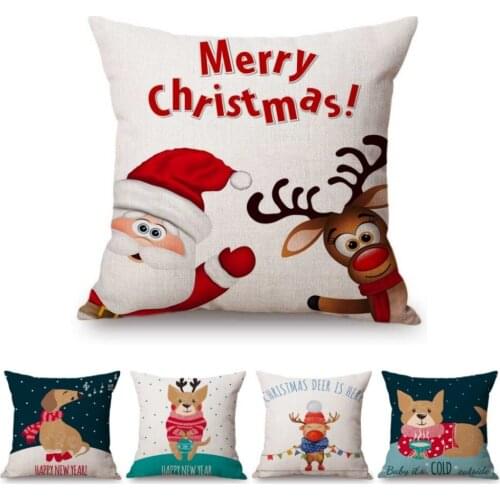 Cute Cartoon Christmas New Year Reindeer Dog Decorative Pillow Case For Kids' Children Room Cotton Linen Sofa Seat Cushion Cover