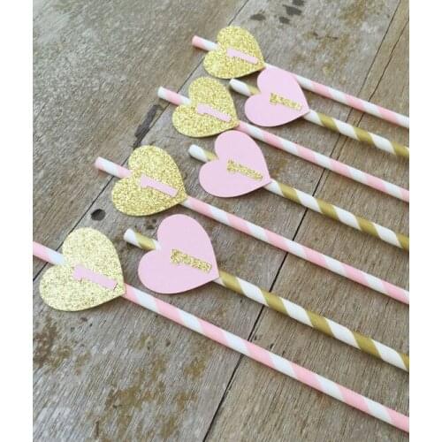 Number One with heart party straws- Gold and Pink- 1st birthday party straws