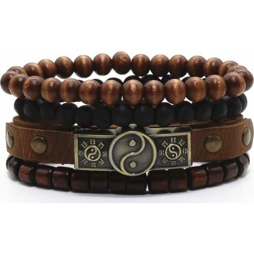 New 3-4 Pcs/set Vintage Musical Note Rudder Tai Chi Charm Brown Leather Bracelets For Women Men Homme Femme Male Jewelry