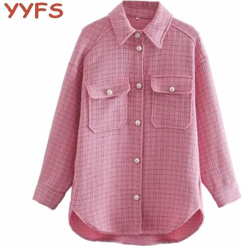 Pearls Buttons Plaid Shirt Women Sweet Wool Jacket Female Fashion Lapel Collar Pockets Coat Girls Chic Streetwear Tops Overshirt