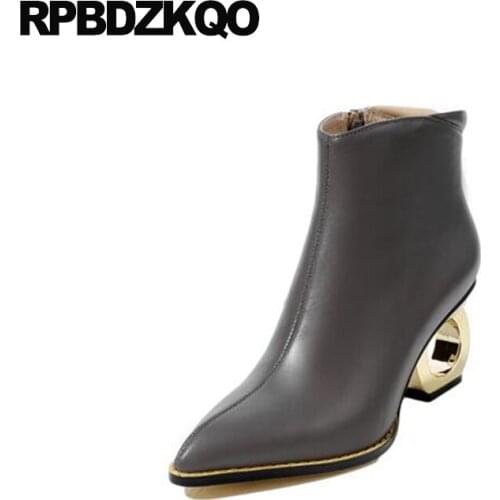 Brand Ankle Chunky Women 2021 High Heel Short Metal Boots Size 4 Autumn Pointed Toe Booties Winter Shoes Gray Genuine Leather