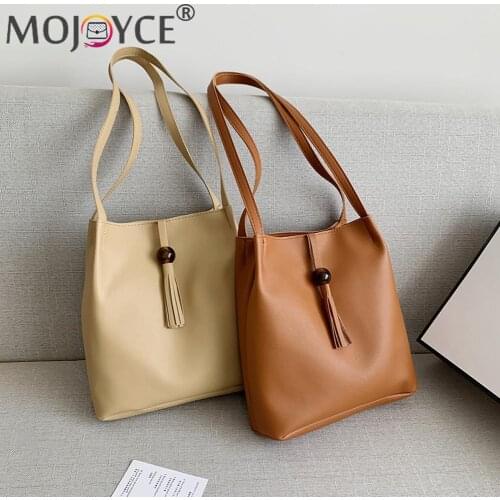 Retro Women Shoulder Bags Fashion Tassel PU Leather Pure Color Classic Ladies Bucket Tote Shopping Ladies Handbags
