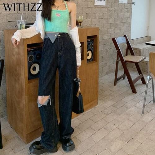 WITHZZ Spring Autumn Women Loose Straight Pants Black Hole Denim Casual High Waist Female Jeans