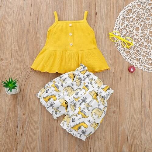 Girls Casual Suit Solid Color Ribbing Slim Elastic Sling Tops Cartoon Print Loose Shorts Yellow Pink Daily Life Summer