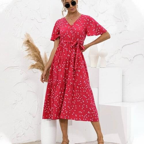 2021 Summer Women Elegant V-Neck Cross Belt Beach Long Dress Ladies Sexy Print Flowers Polka-Dot A Line Party Strap Boho Vestido