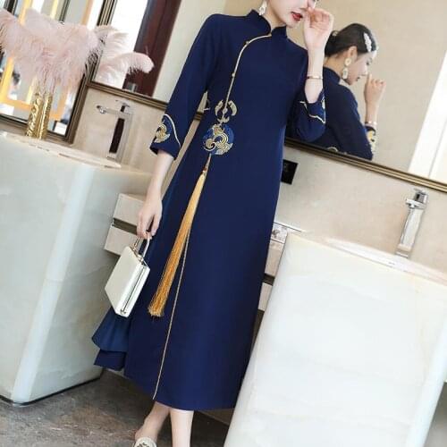 2021 Lady Party Dress Oriental Womens Flower Embroidery Cheongsam Chinese Style Qipao Wedding Gowns Chinese Traditional Dress