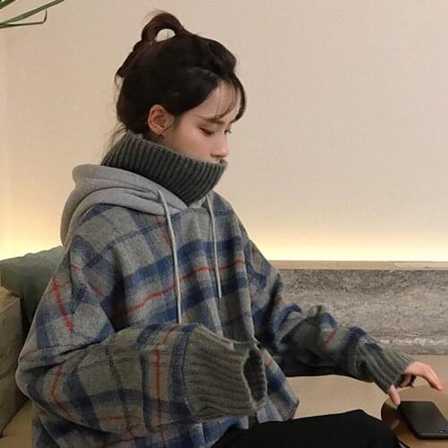 Winter Women\s Warm Hoodies Fake Two Pieces Long Sleeve Turtleneck Pullover Knitted Female Sweatshirts Plus Thick Velvet