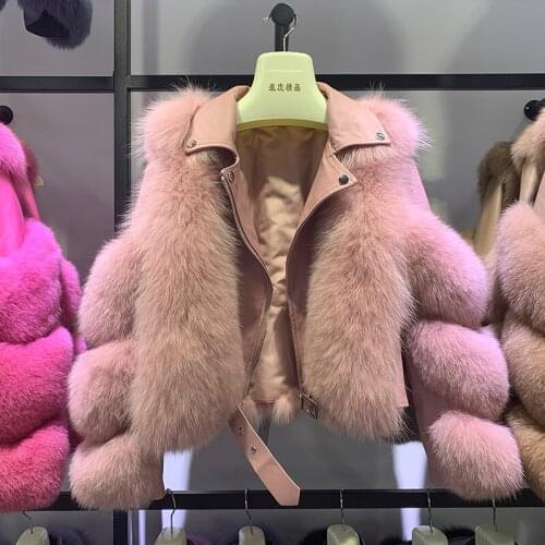 Winter Real Fox Fur Coat Leather Jacket Thick Warm Streetwear 100% Natural Short Genuine Sheepskin Women Hooded Collar