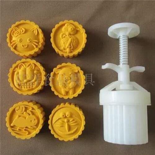 50g Chinese Cartoon design Mooncake mung bean cake Molds mould with 6 Stamps plastic hand pressure , 50sets/lot