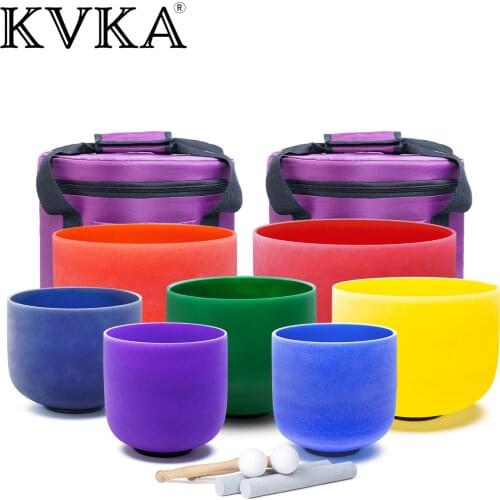 KVKA Chakra Note Set of 7pcs CDEFGAB Colored Frosted Quartz Crystal Singing Bowl With Free cases