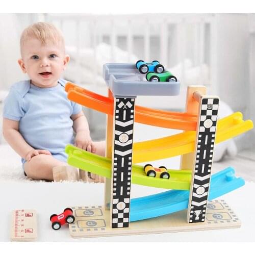 Kids Wooden Toys Car Race 4 Tracks Toy Car Ramp Race Track Toddler Baby Toys Kids Turn back Ramp Car Racing Games Gift