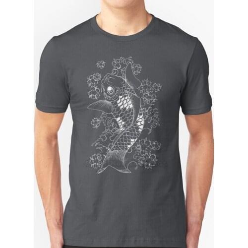 White Koi T-Shirts Pure Cotton O-Neck T Shirt Men Koi Fish Koi Fish Japanese Tattoo Traditional White Line Work