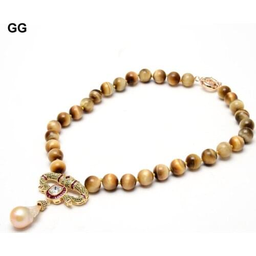 GuaiGuai Jewelry Natural 12mm Smooth Round Yellow Tiger Eye Necklace Cubic Zirconia Pave White Keshi Pearl Pendant 18" For Women