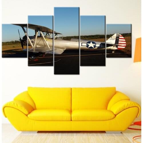 Canvas Painting The White airplane Biplane 5 Pieces Wall Art Painting Modular Wallpapers Poster Print for living room Home Decor