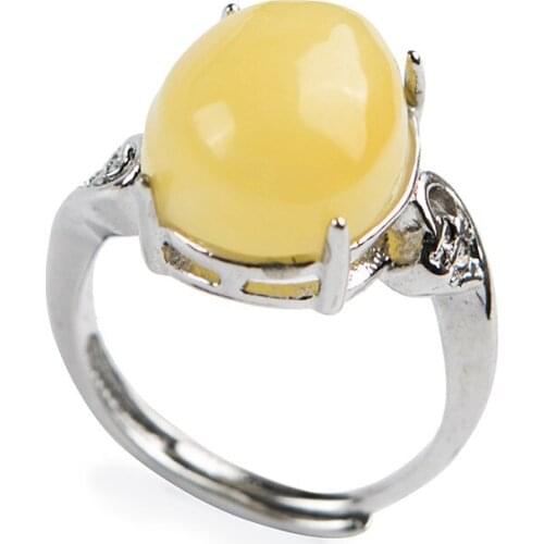 Genuine Natural Yellow Transparent Rare Round Stone Bead Fashion Stering Sliver Lady Party Adjustable Size Ring 14*12*7MM