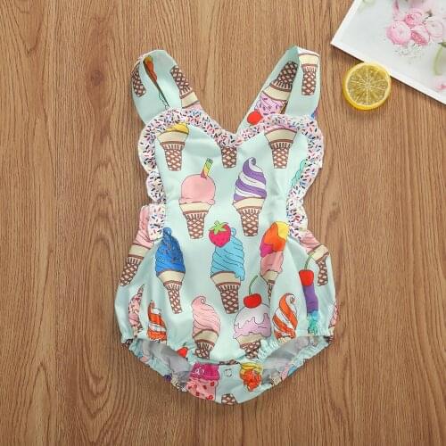 0-18M Summer Cute Toddler Baby Girls Boys Rompers Ice Cream Print Ruffles Sleeveless Backless Jumpsuits
