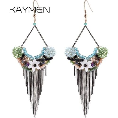 KAYMEN New Arrivals Many Crystal Beads Weaving Flower Shape Handmade Statement Golden Drop Dangle Tassels Earrings for Women