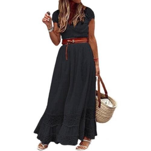 Waist Tight Stylish Large Hem Lace Hollow Beach Dress A-Line Beach Dress High Waist for Travel