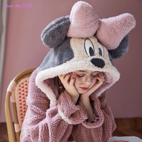 Sleepwear Autumn Winter Home Clothes Thicken Pijama Cartoon Pajamas for Women Hooded Nightgown Plush Coral Fleece