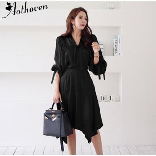 2019 Autumn Asymmetrical Dresses V Neck Long Puff Sleeve Red Black Womens Dress Sexy Party Casual Office Ladies Dress Vestidos
