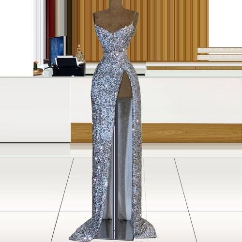 Spaghetti Strap Silver Sequin Graduation Dress High Slit vestidos formales sukienki wizytowe Long Small Train коктейльные платья
