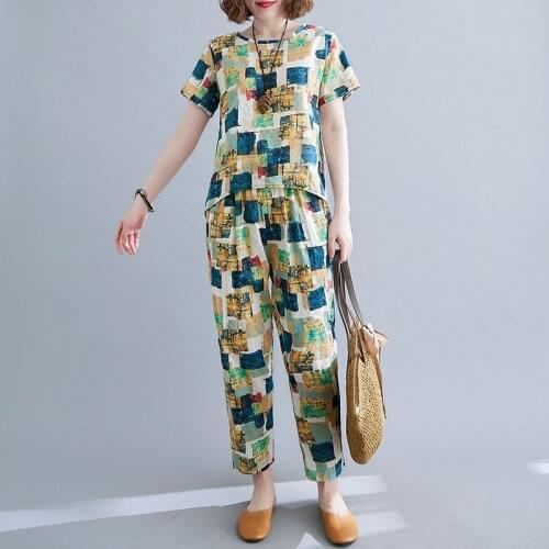Casual Set 2021 New Arrival Print Floral Fashion Women Clothes Set High Waist Harem pants Top Two Piece Vintage Set Suits