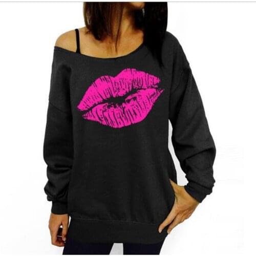 Long Sleeve Autumn Off Shoulder Red Big Lips Slant Shoulder Sexy Womens T-Shirt