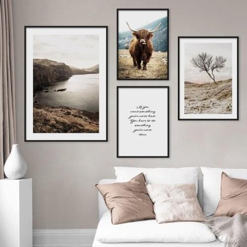 Nordic Prints Wall Art Field Sunset Landscape Poster Highland Cow Canvas Painting Decoration Wall Picture Modern For Living Room