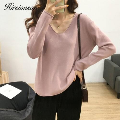 Hirsionsan V Neck Thin Sweater Women 2020 Spring New Vintage Sexy Soft 8 Color Knitted Tops Female Elastic Casual Knit Clothing
