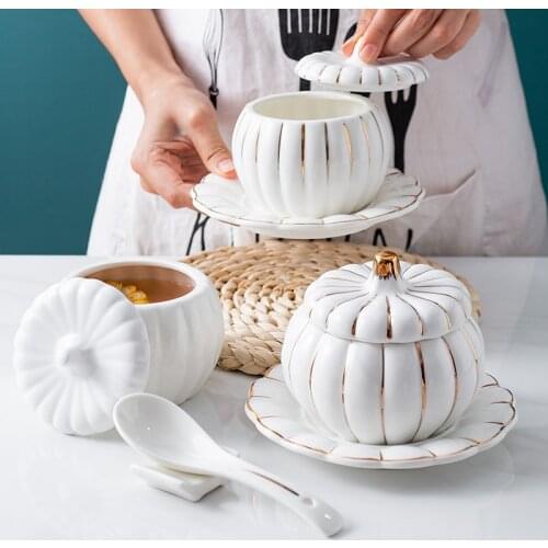 High-end Gold Pumpkin Shape Ceramic Soup Bowl with Lid Small Rice Bowl Kitchen Tableware Fruit Salad Bowl Dessert Soup Bowls