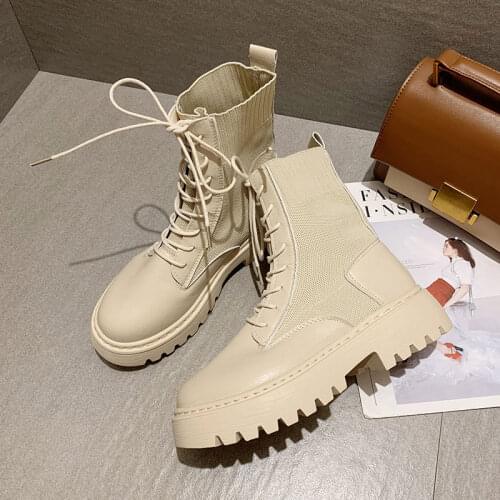 MCCKLE Women Army Combat Ankle Boots Woman Lace up Shoes Gothic Sock Platform Leather Chunky Heels Boots Fashion Botas Mujer New
