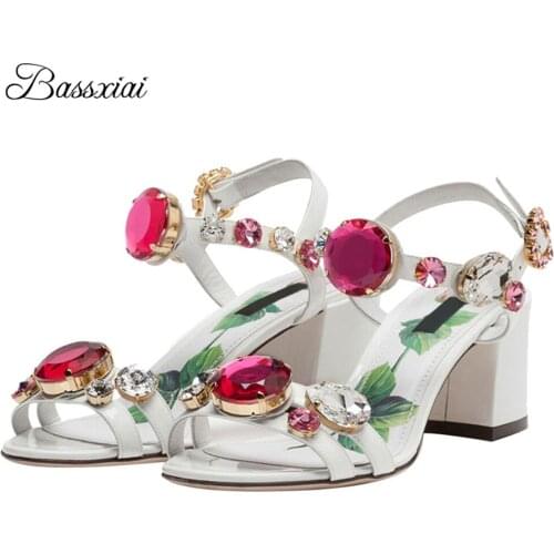 Print Flower Patent Leather Wedding Shoes Bridal High Heel Ankle Strap Diamond Rhinestone Summer Sandals Women