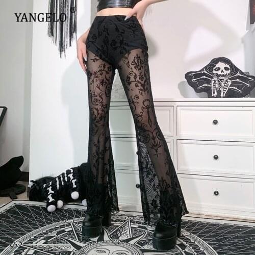 Goth Aesthetic Black Flared Pants Harajuku Sexy See Through Women Trousers Punk Grunge High Waist Cosplay Summer Pants