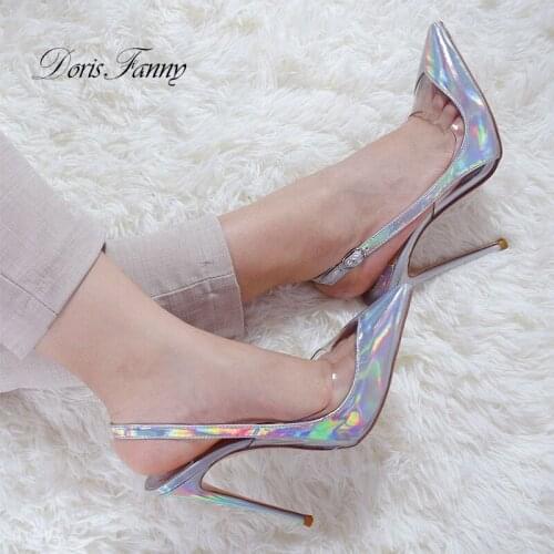 Doris Fanny Classic big size sexy 12cm stiletto silver high Heels Slingback woman shoes women Pumps Party wedding shoes female