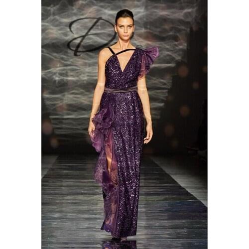 2021 Purple Fashion Show Sequined Sexy V Neck Mesh Ruffles Women Long Party Dress High Split Celebrity Slim Maxi Vestidos LF322