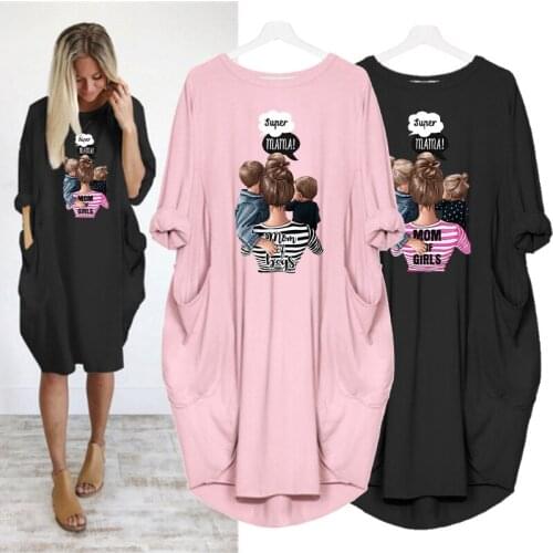 Womens Midi Dress Plus Size Long Sleeve Dresses Super Mama Print O Neck Loose Pocket Casual Loose Vintage Robe Femme Vestidos