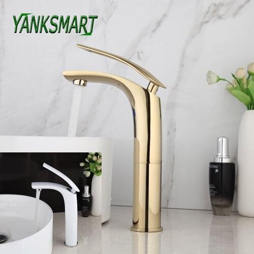 YANKSMART Gold Chromed Bathroom Faucet Basin Sink Deck Mounted Single Handle White Bathtub Faucet Washbasin Mixer Water Tap