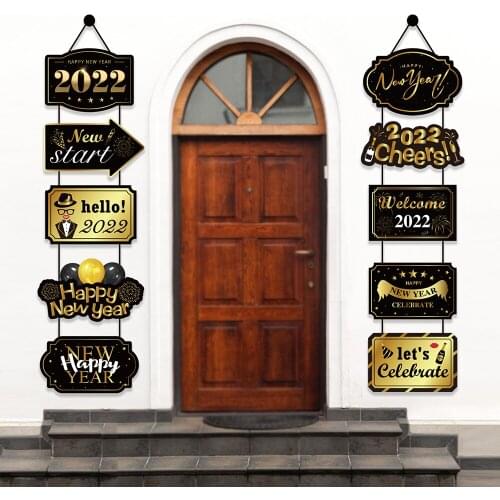 Gold Hello 2022 Happy New Year Party Celebrating Wall Doors Hanging Banner Door Couplet Fireworks New Year Party Decorations