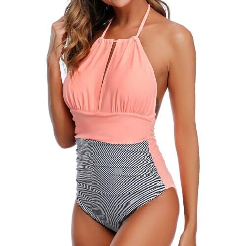 2020 Sexy One Piece Swimsuit Women Halter Top Plus Size Swimwear Female Backless Striped Bathing Suits Beachwear Swimsuits Wear