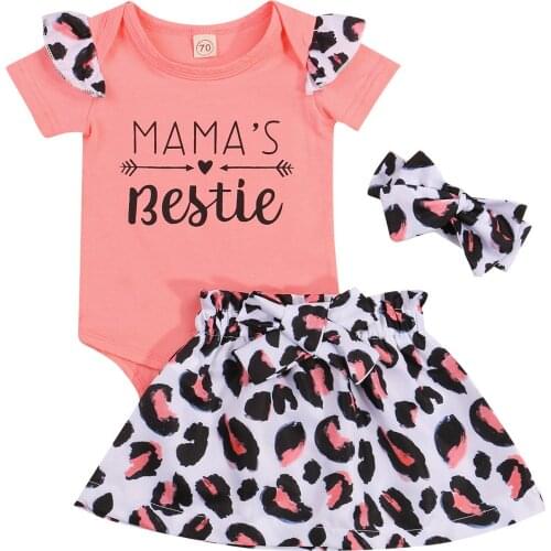 3 Pcs Newborn Leopard Outfits, Toddler Letter Print Fly Sleeve Round Neck Romper + Skirt + Bowknot Headband