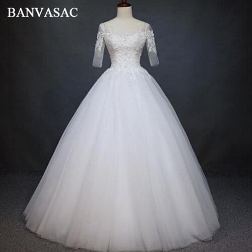 BANVASAC 2017 New Elegant Embroidery O Neck Wedding Dresses Full Cap Sleeve Beadings Satin Lace Bridal Ball Gowns