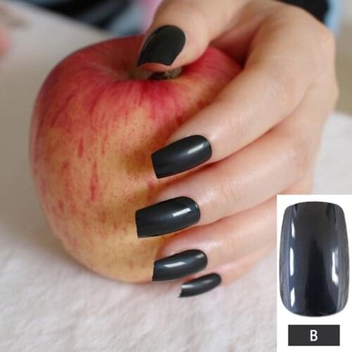Shiny Black Acrylic Fake Nail Tips Natural Flat Long Size Artificial Nails Pretty Design for daily wear 24pcs R27-BM