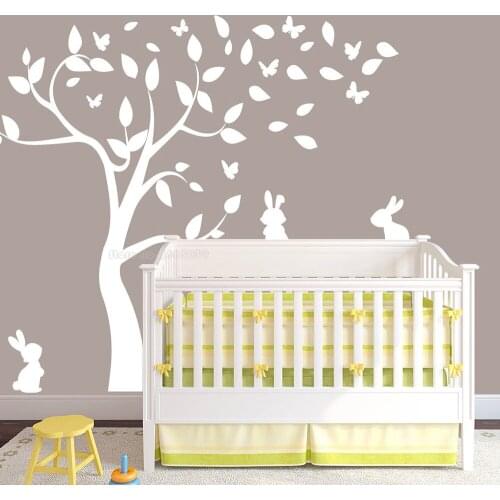 Large Tree Wall Decal Tree With Beautiful Rabbits And Butterfly Vinyl Wall Stickers Nursery Wall Decor Kids Rooms Murals LL2254