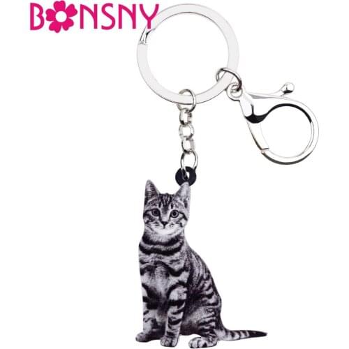 Bonsny Acrylic American Shorthair Kitten Cat Key Chains Keychain Rings Jewelry For Women Girls Handbag Car Charms Gift Bulk Pets