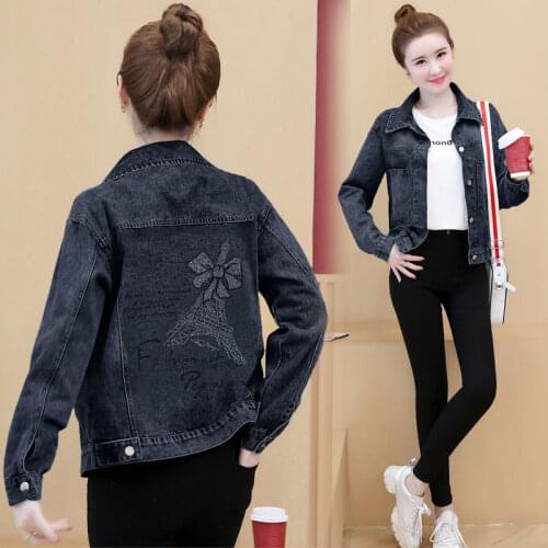 Spring Autumn Diamond Denim Jacket Womens Korean Loose Long-sleeved Outwear Short Black Coat Casual Female Jeans Jackets Tops