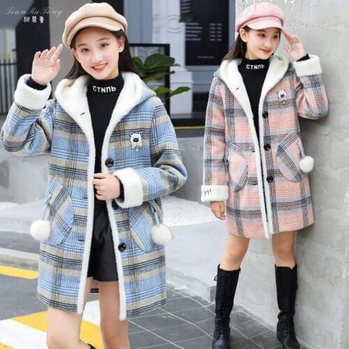 Kids Girl Overcoat Winter Fashion Hooded plaid Wool Coat For Girls Teens Autumn Jacket Warm Long Outerwear Children Windproof