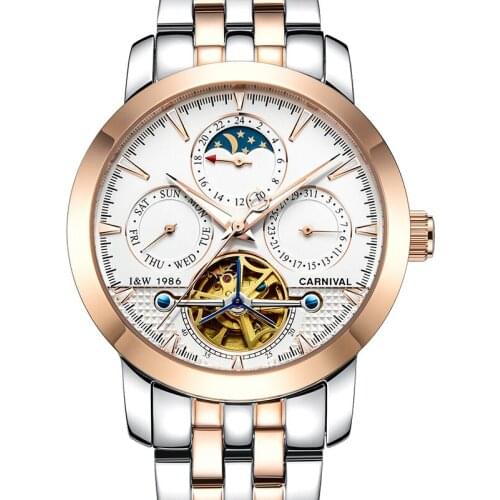 Carnival Mens Multifunction Holllow-out Dial Steel Watchband Automatic Self-Wind Mechanical Watch - gold bezel blue dial