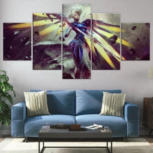 5 Panel Overwatch Mercy Game Canvas Printed Painting For Living Room Wall Art Home HD Decor Picture Artworks Modern Poster